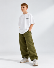 Kids’ Oversized White T-Shirt with Olive Green Pants – Casual Wear Collection