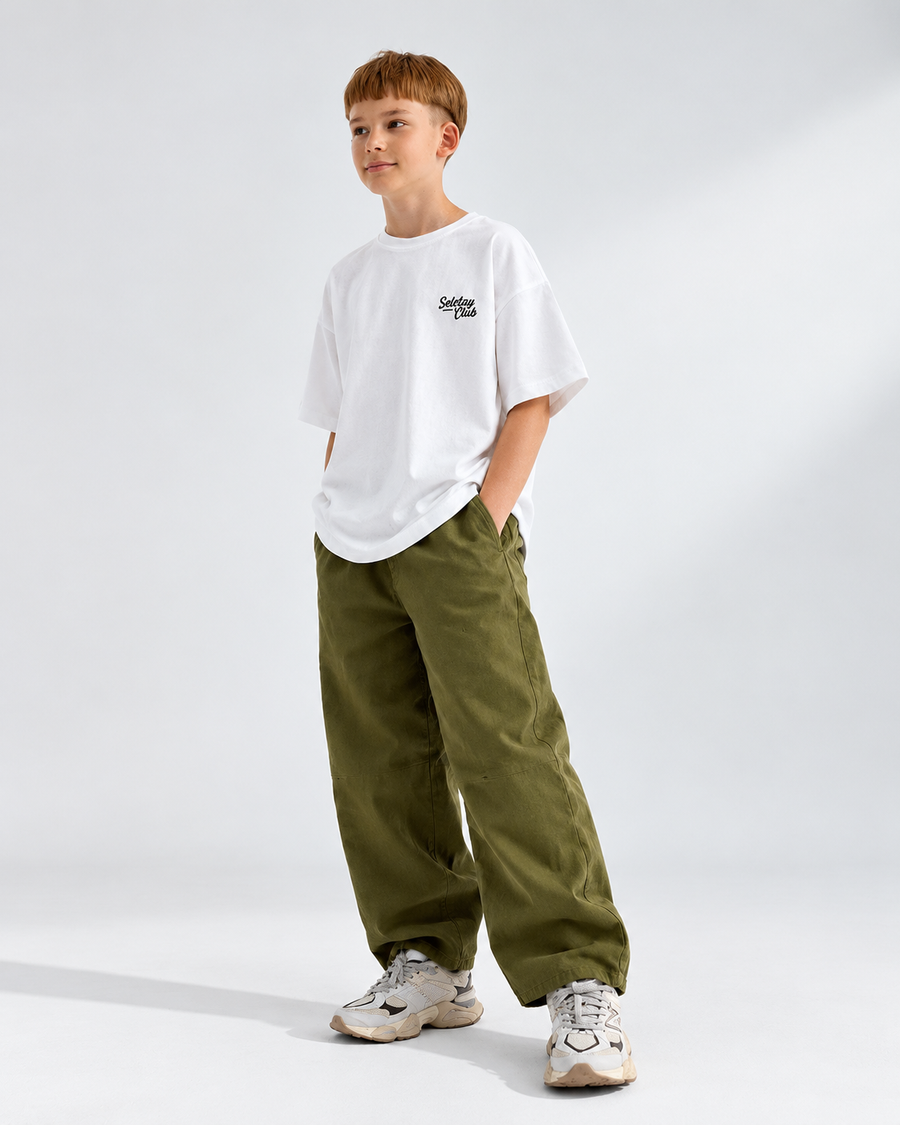 Kids’ Oversized White T-Shirt with Olive Green Pants – Casual Wear Collection